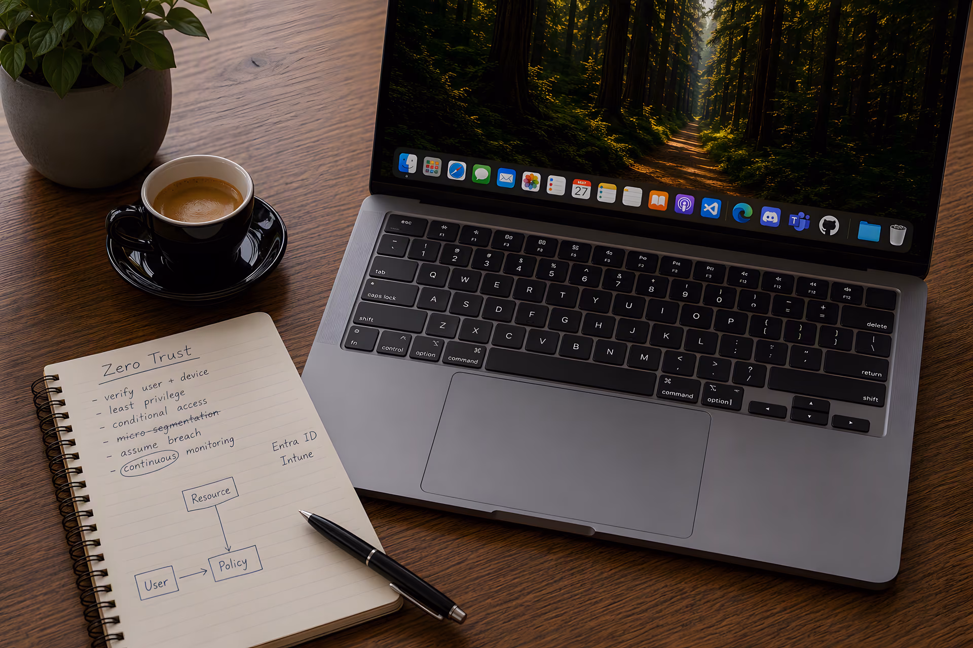 Werkplek met een macbook, een espresso en een notitieblok met Zero Trust-aantekeningen
